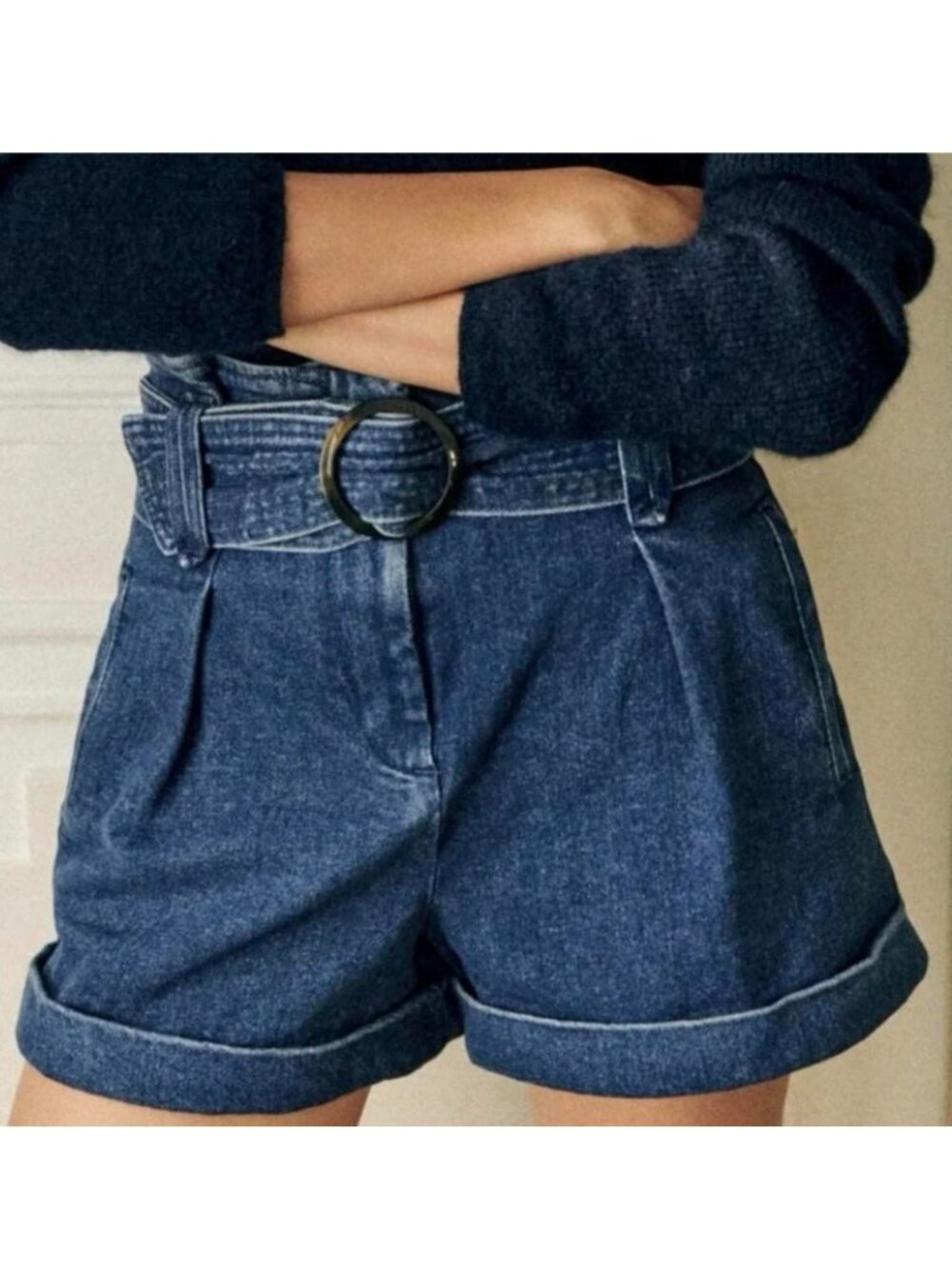 Sézane Rome Shorts Deep Blue Denim Paperbag Belted High Waist Size FR 34 / US 2 - Picture 12 of 13